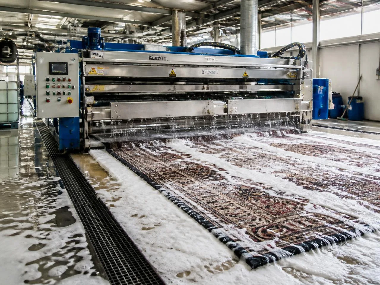 Bursa halı yıkama tesisinde fabrika tipi yıkama makinesi ve köpük